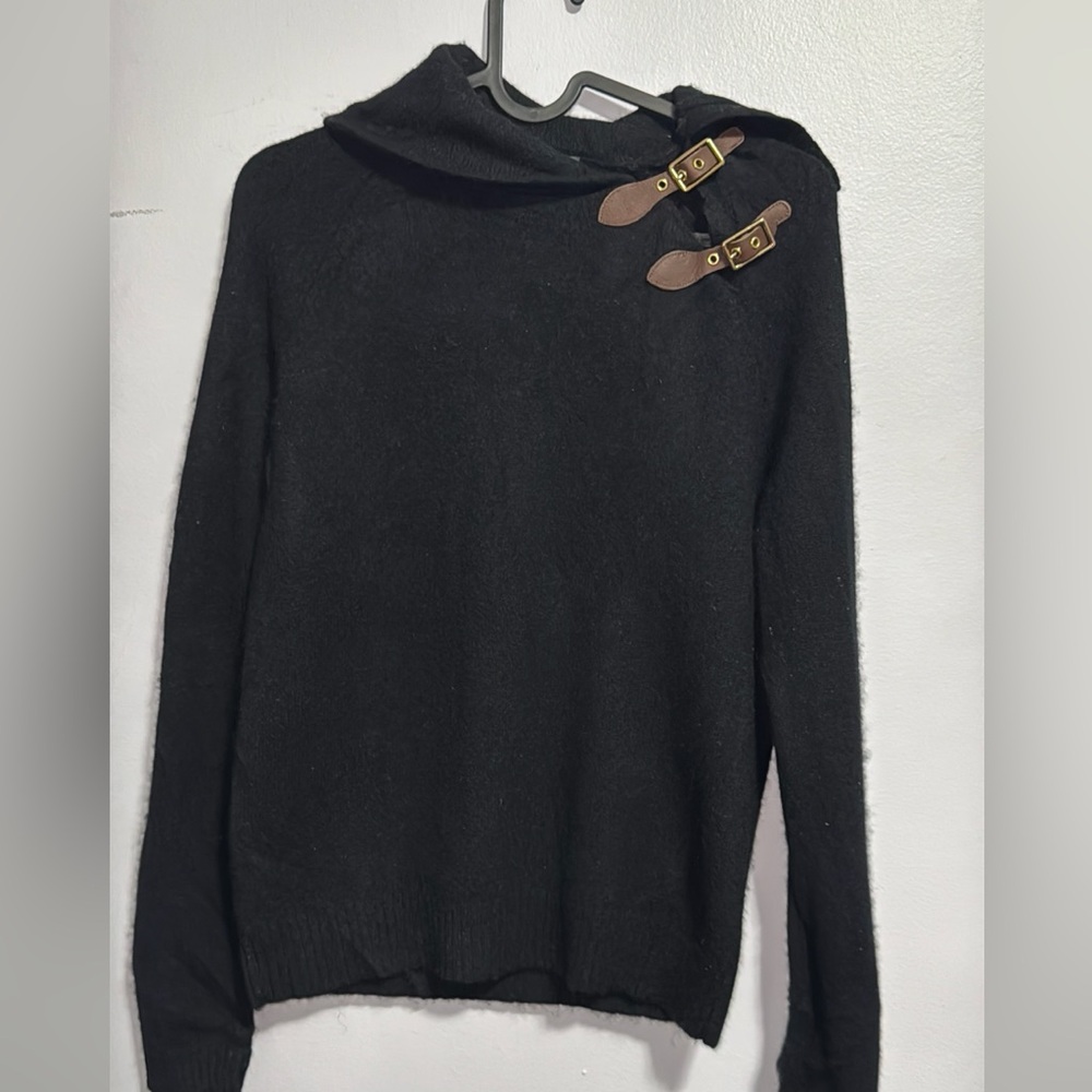Lauren Ralph Lauren Black 100% Lambswool Sweater Buckle Detail Equestrian Medium